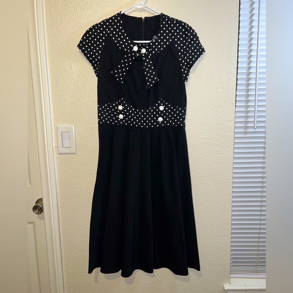 NWT Hell Bunny Vixen Womens S Black Retro A-Line Dress Polka Dot Midi Rockabilly